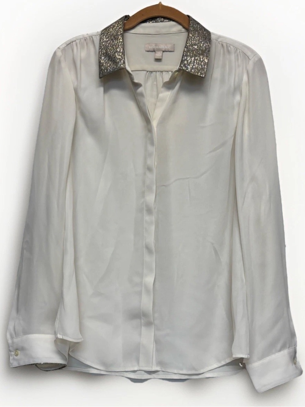 Banana Republic White Blouse with Metallic Collar #5836